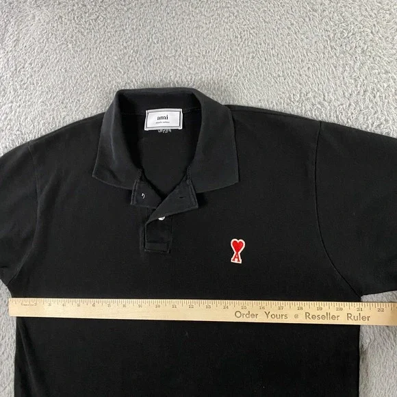 AMI Polo Shirt Mens Medium Short Sleeve Black Mesh Knit Logo - Picture 9 of 10